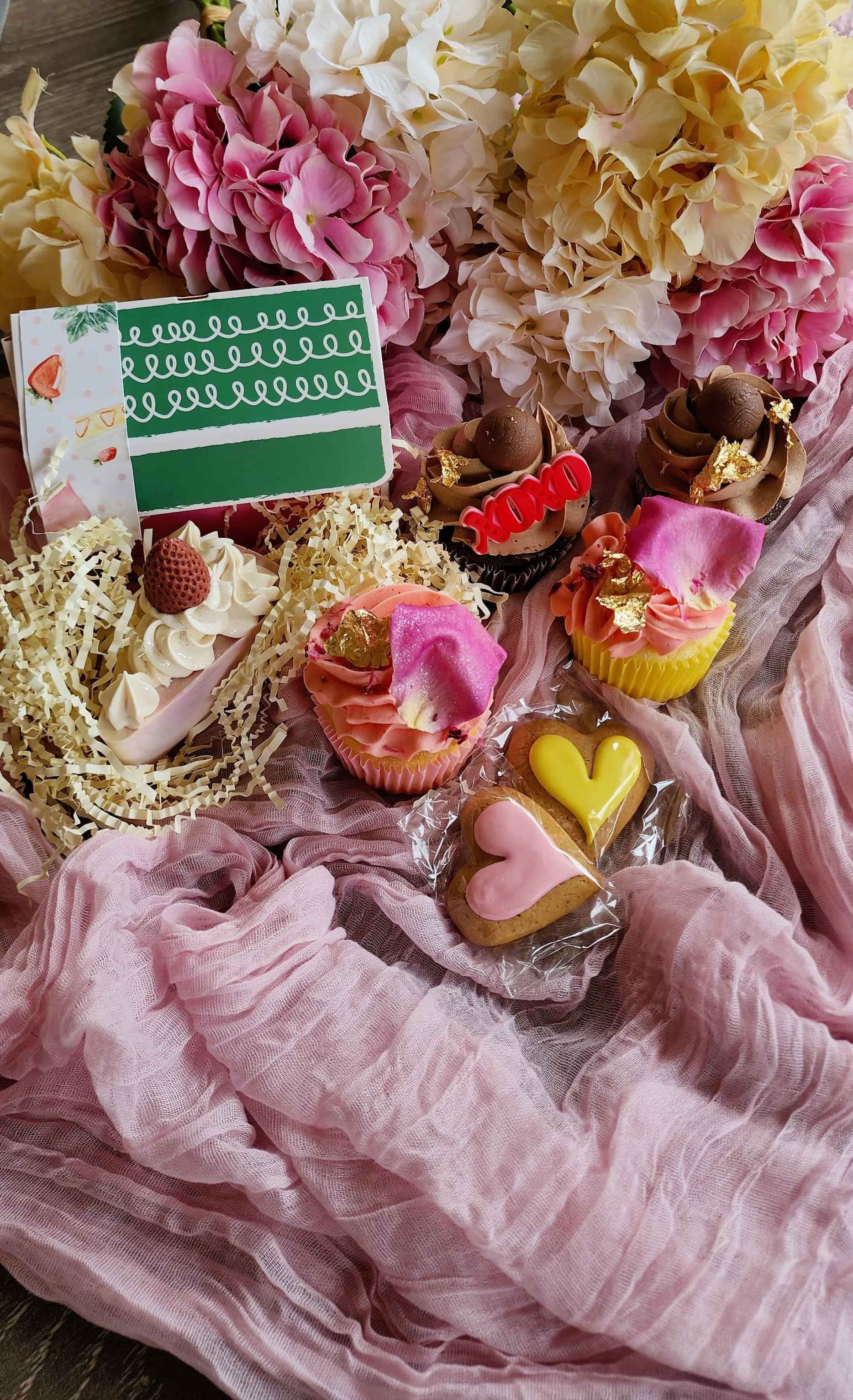 Luxury cupcakes, cookies and a cake soap in a gift box