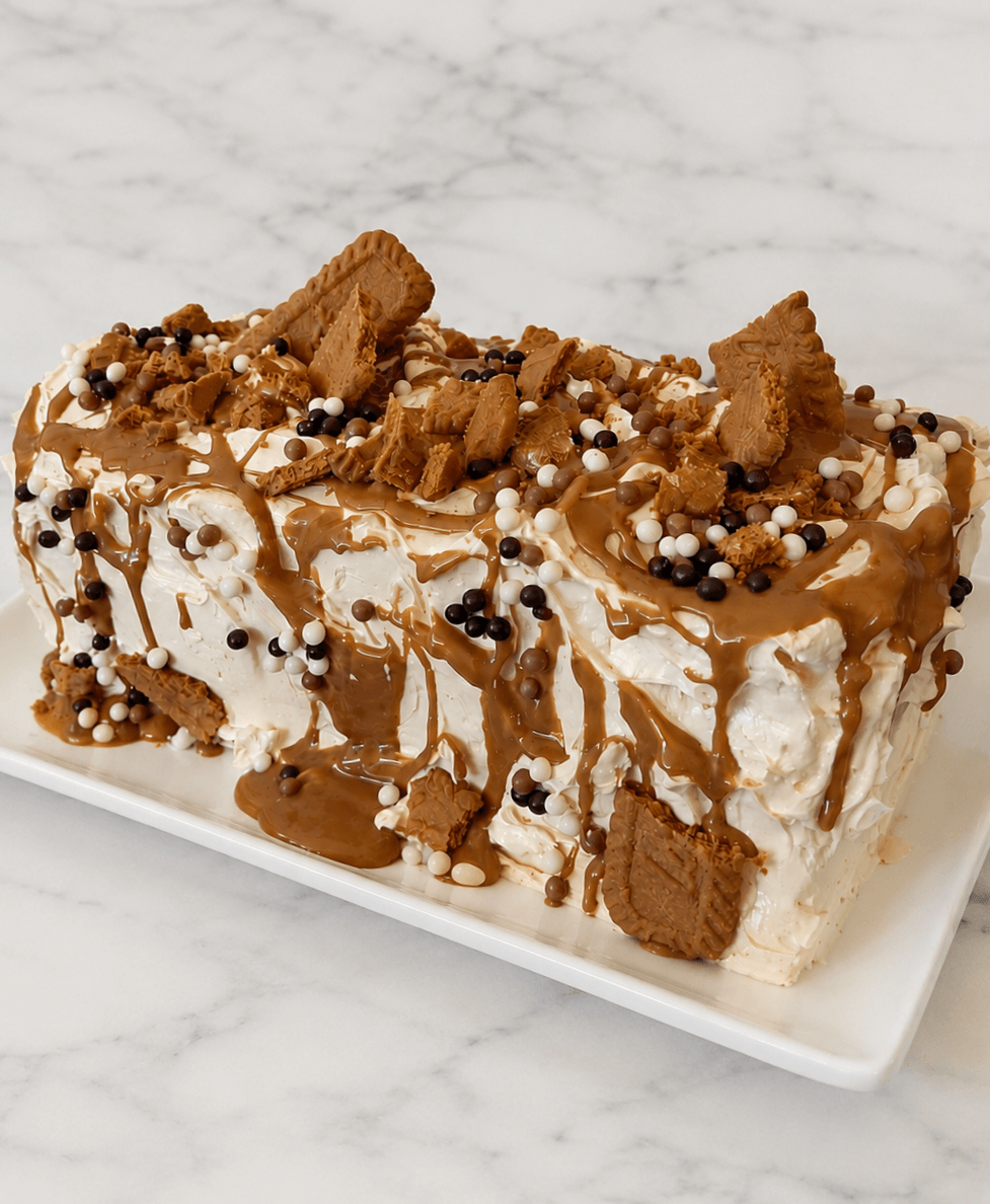 A rectangular vanilla cake with Biscoff buttercream, Biscoff sauce and Biscoff biscuit