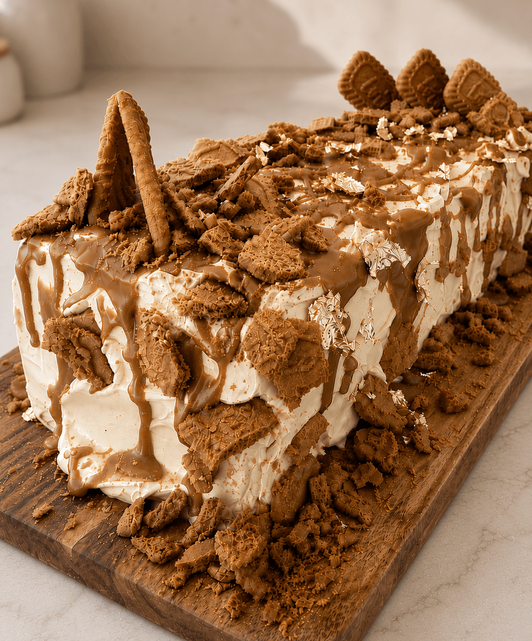 A rectangular vanilla cake with Biscoff buttercream, Biscoff sauce and Biscoff biscuit