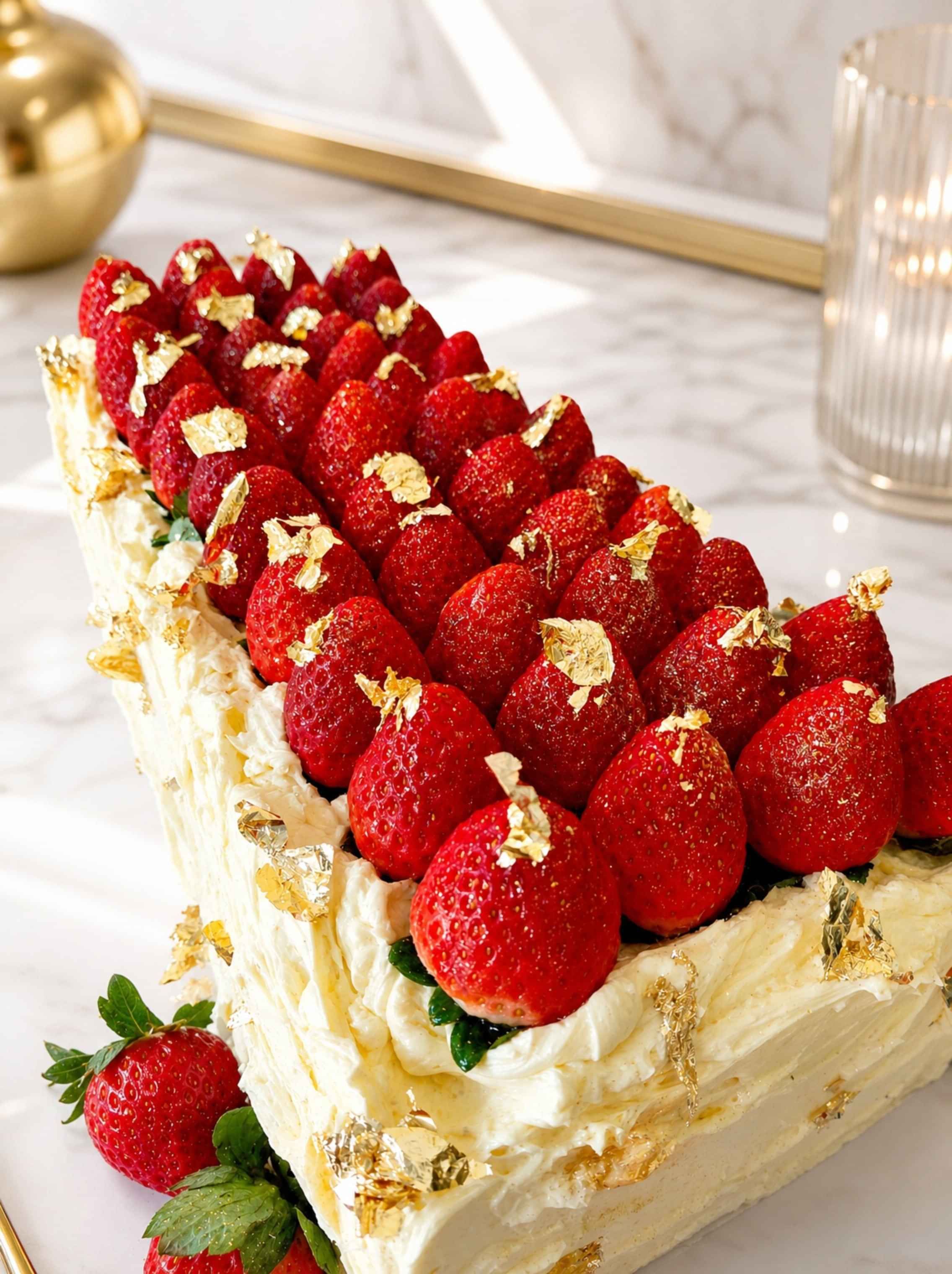 long wedding cake with strawberries