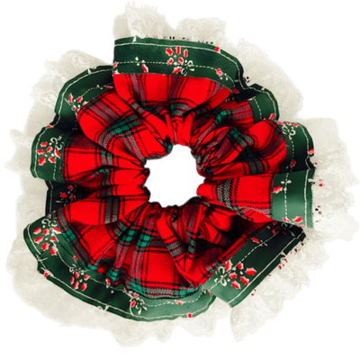 Deluxe Designer Scrunchy Large Lace Trim- Christmas Checkers red