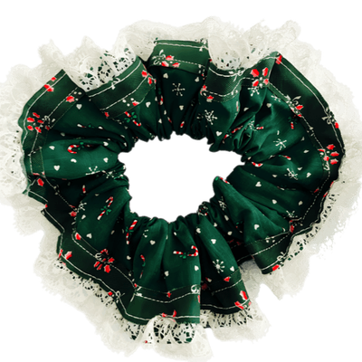 Deluxe Designer Scrunchy Large- Xmas Green lace Trim