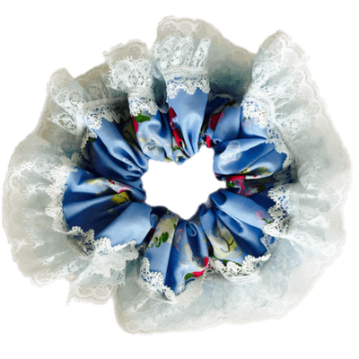 Deluxe Designer Scrunchy Large- Blue flowers lace trim