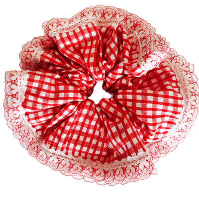 Deluxe Designer Scrunchy Ex large- Red checkers heart lace trim