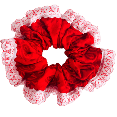 Deluxe Designer Scrunchy Red Large heart lace trim