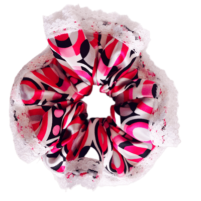 Deluxe Designer Scrunchy Medium- Pink circles Lace trim