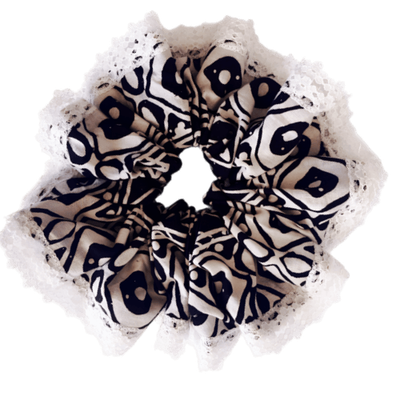 Deluxe Designer Scrunchy Large- BW circles, Lace Trim