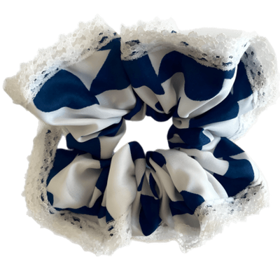 Deluxe Designer Scrunchy Ex large- blue white lace trim