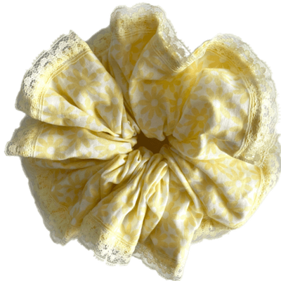Deluxe Designer Scrunchy Yellow white floral large with yellow lace trim