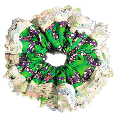 Deluxe Designer Scrunchy Large- Green Dotty Single lace edge