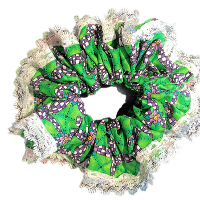Deluxe Designer Scrunchy 2XL large Green Ribbon Single Lace edge A