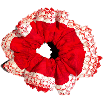 Deluxe Designer Scrunchy Large Two sided Lace Red &amp; White
