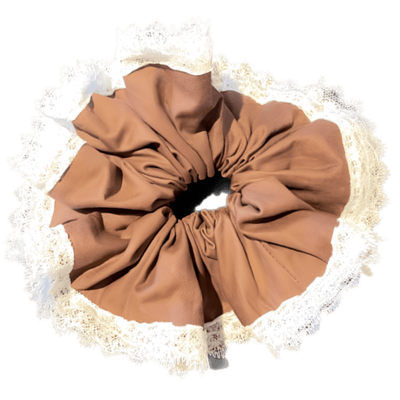 Deluxe Designer Scrunchy Large Brown Double Lace white edge A