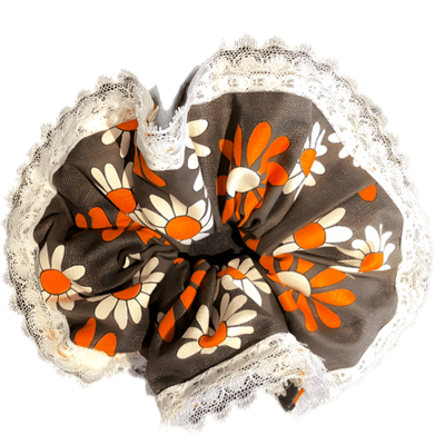 Deluxe Designer Scrunchy Large Brown Daisies white single lace edge
