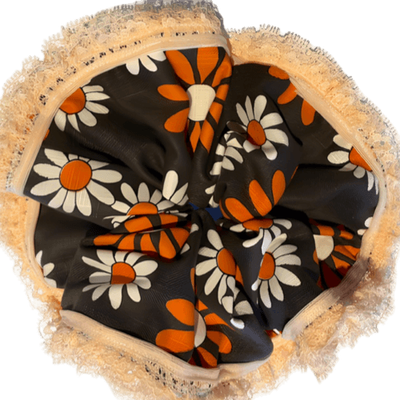 Deluxe Designer Scrunchy 2XL large Brown Daisies 3 lace layers apricot
