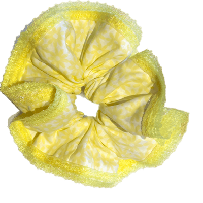 Deluxe Designer Scrunchy 2XL Yellow white floral double lace edge yellow