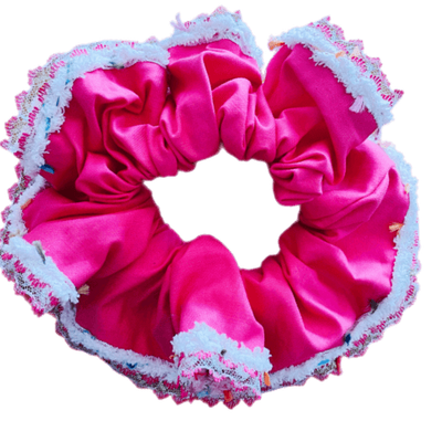 Deluxe Designer Scrunchy JUMBO lace and yarn edge double sided PINK BANGER