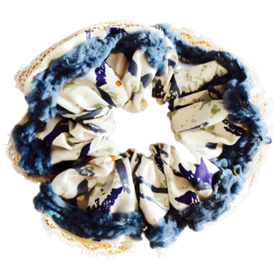 ​Deluxe Designer Scrunchy Large Lace and yarn edge Blue Ice