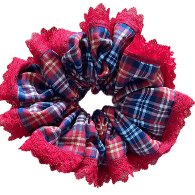 Deluxe Designer Scrunchy Red 2XL checkers red double lace trim Red Vellott