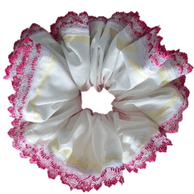 Deluxe Designer Scrunchy 2XL white pink double lace trim Pinkins