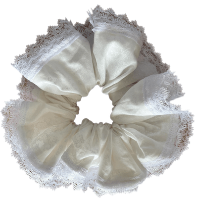 Deluxe Designer Scrunchy Large white white double lace trim Perfect Snow