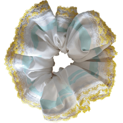 Deluxe Designer Scrunchy XL white double white yellow lace trim Heavenly
