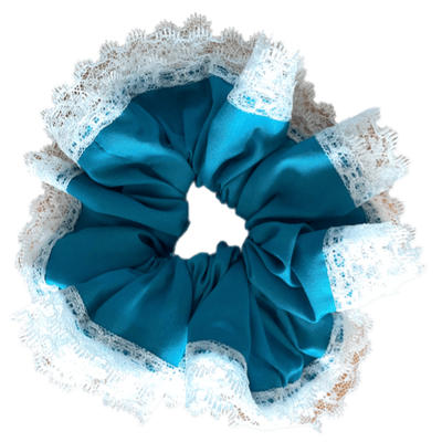 Deluxe Designer Scrunchy Large turquoise white double Lace edge Turtles