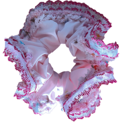 Deluxe Designer Scrunchy 2XL pink Double pink white lace trim Frostie