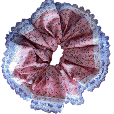 Deluxe Designer Scrunchy JUMBO  Pink floral double edge blue lace Blue frost