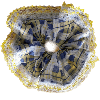Deluxe Designer Scrunchy blue yellow Large double edge yellow lace trim Babey