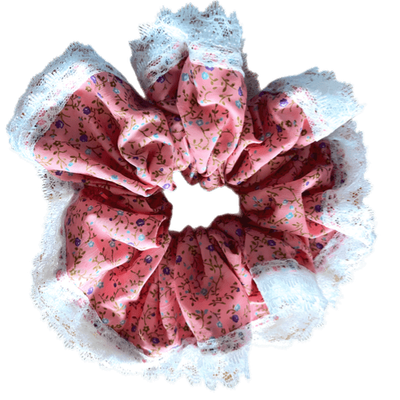 Deluxe Designer Scrunchy pink floral 2XL double white lace trim Springe