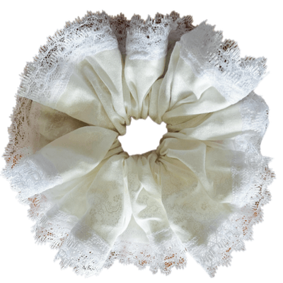 Deluxe Designer Scrunchy white Large white double lace trim Clouds