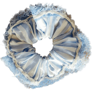 Deluxe Designer Scrunchy blue stripes Large double blue lace trim with white yarn edge Oasters