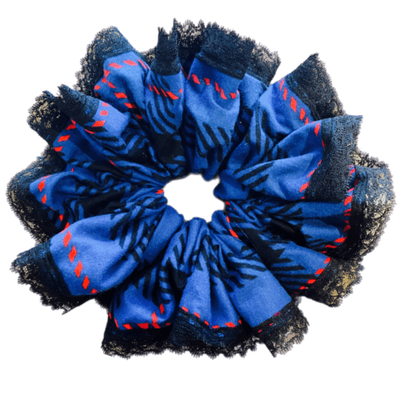 Delux Designer Scrunchy EXTREME blue double black lace trim BLUEEEY