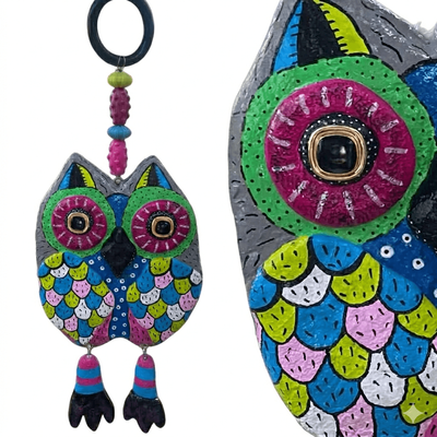 ALLY- Colourful concrete sculpture owl green pink eye 47x 17cm