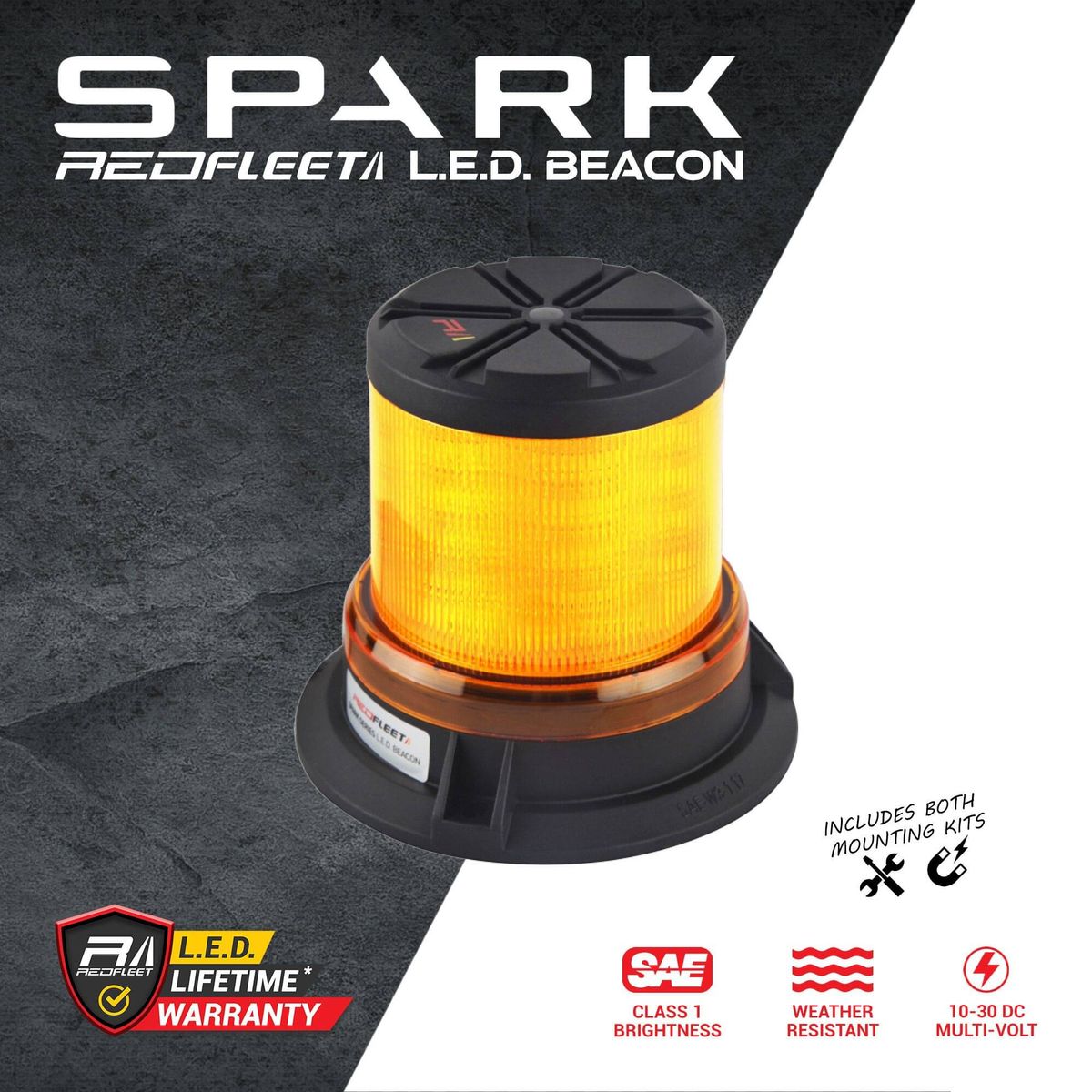 REDFLEET  SPARK Series 24 L.E.D. Amber Beacon Flashing & Rotating​ Light  SAE CLASS 1, L.E.D. Beacon Lights