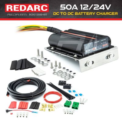 REDARC 50A Classic 12V / 24V DC to DC Dual Battery Vehicle Charger + Universal Bracket &amp; Wiring Kit