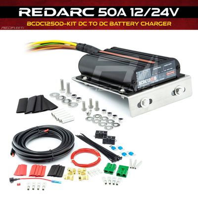 REDARC 50A Classic 12V / 24V DC to DC Dual Battery Vehicle Charger + Universal Bracket &amp; Wiring Kit