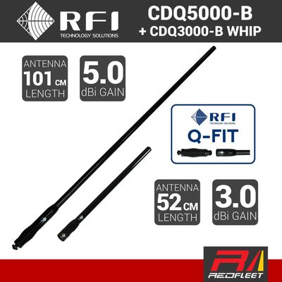 RFI 101cm 5dBi CDQ5000-B + 52cm 3dBi CDQ3000-B UHF CB Vehicle Antenna Q-FIT Removable Whips (BLACK)