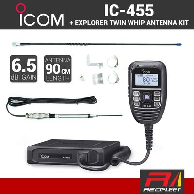ICOM IC-455 UHF CB Radio + Twin Whip Antenna Pack Land Mobile In-Car Two Way (Supersedes IC-450)
