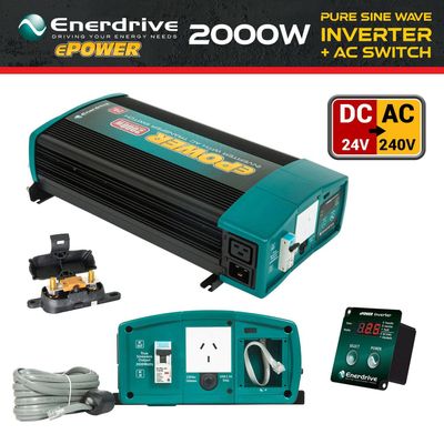 24V DC ENERDRIVE 2000W ePOWER RCD &amp; AC Transfer Safety Switch Pure Sine Wave Vehicle Power Inverter