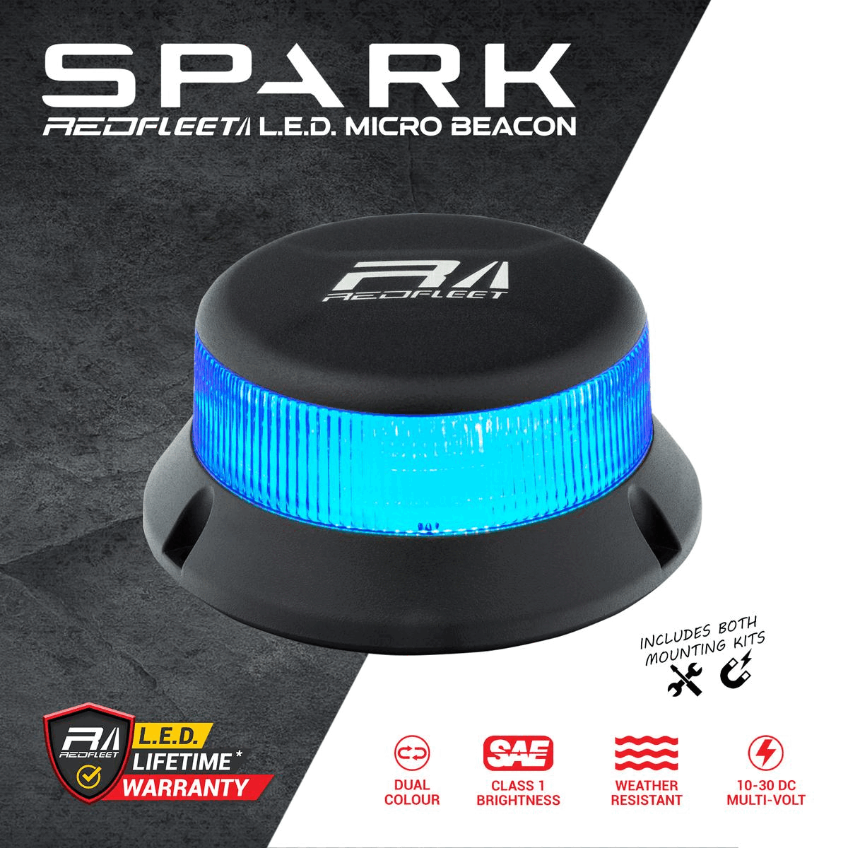 SPARK Series 32 L.E.D. BLUE + RED &quot;Dual-Colour&quot; Micro Beacon Flashing &amp; Rotating​ Light