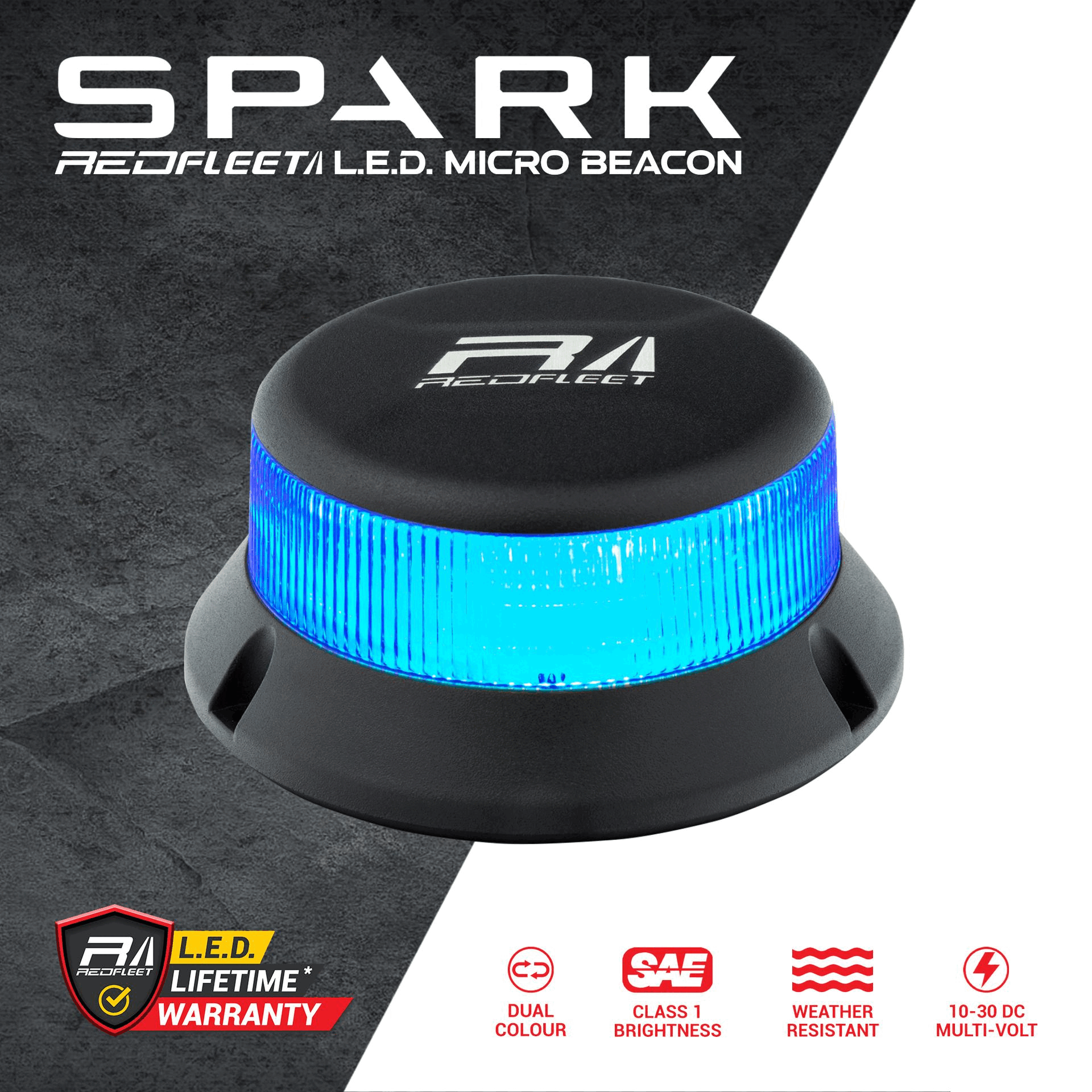 SPARK Series 32 L.E.D. BLUE + RED &quot;Dual-Colour&quot; Micro Beacon Flashing &amp; Rotating​ Light