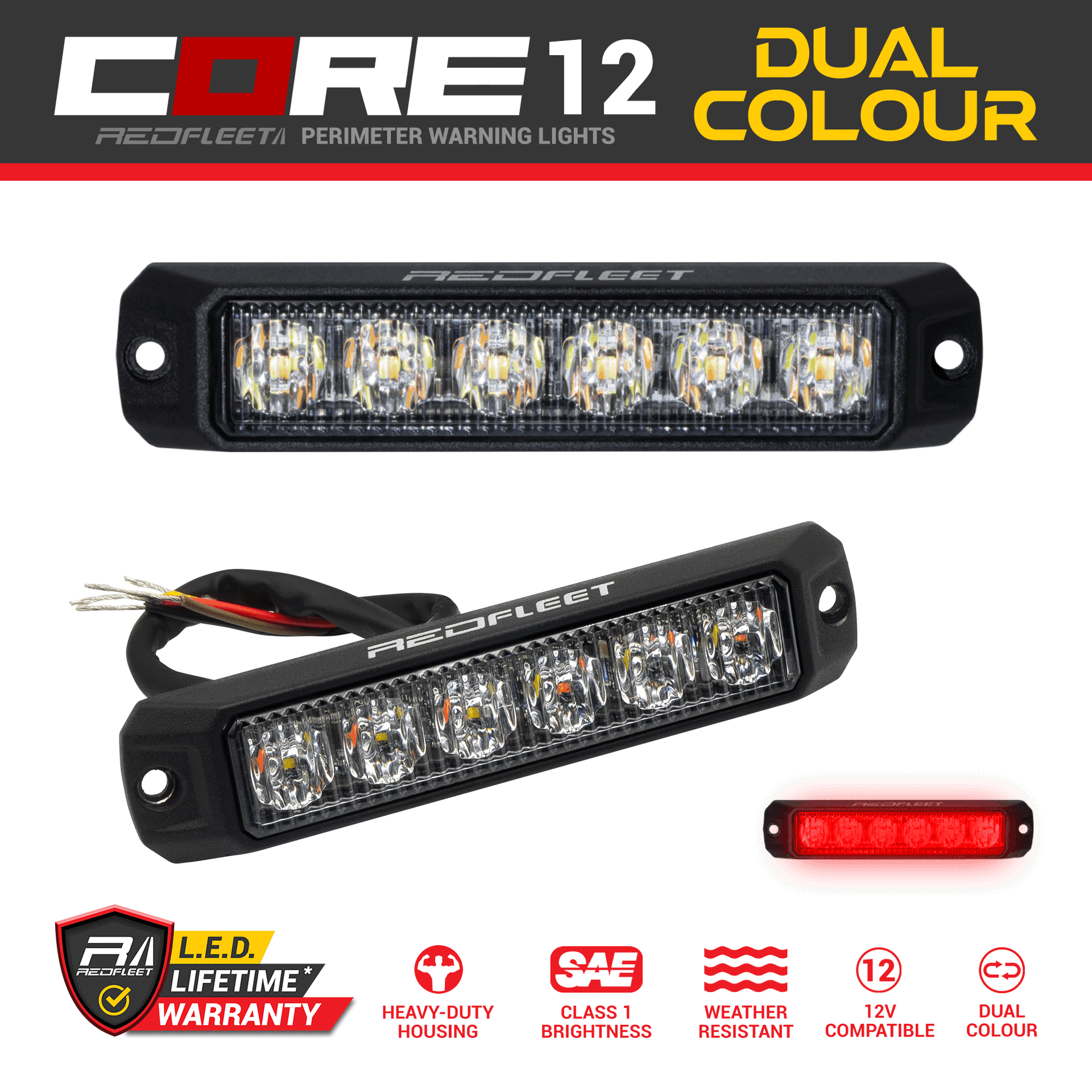 CORE 12 Dual-Color LED Surface Mount Vehicle Perimeter Warning Flashing Light Amber Red Blue Yellow