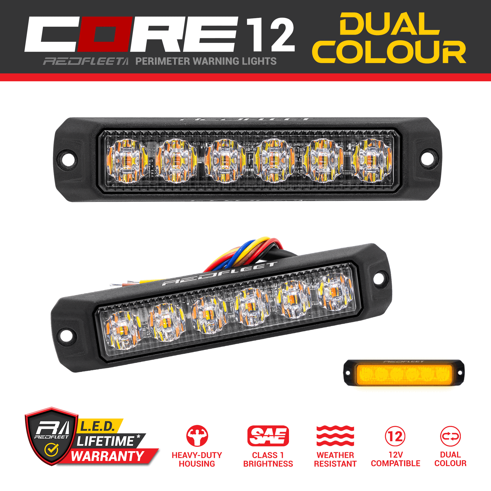 CORE 12 Dual-Color LED Surface Mount Vehicle Perimeter Warning Flashing Light Amber Red Blue Yellow