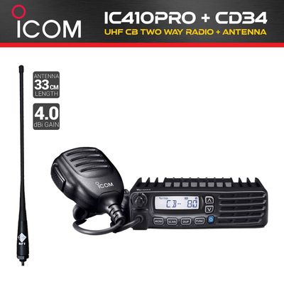 ICOM IC-410PRO UHF CB Land Mobile In-Car Two Way Radio Kit + RFI CD34 Antenna