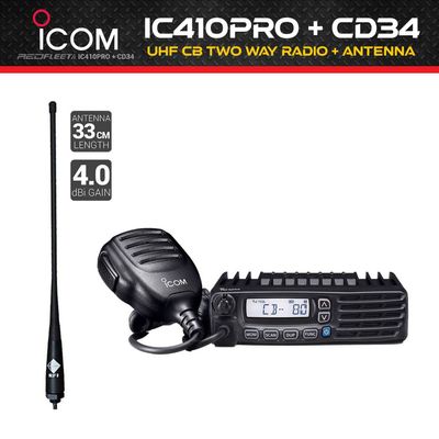 ICOM IC-410PRO UHF CB Land Mobile In-Car Two Way Radio Kit + RFI CD34 Antenna
