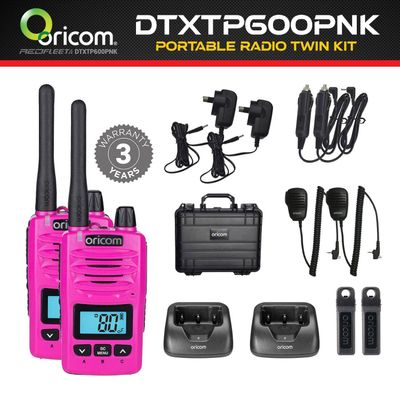 ORICOM DTXTP600PNK PINK IP67 5 Watt UHF CB Handheld Two Way Portable Radio Twin Trade Pack Kit
