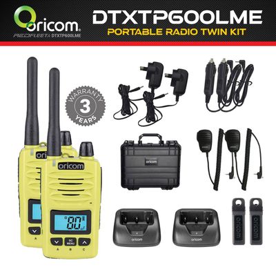 ORICOM DTXTP600LME LIME IP67 5 Watt UHF CB Handheld Two Way Portable Radio Twin Trade Pack Kit