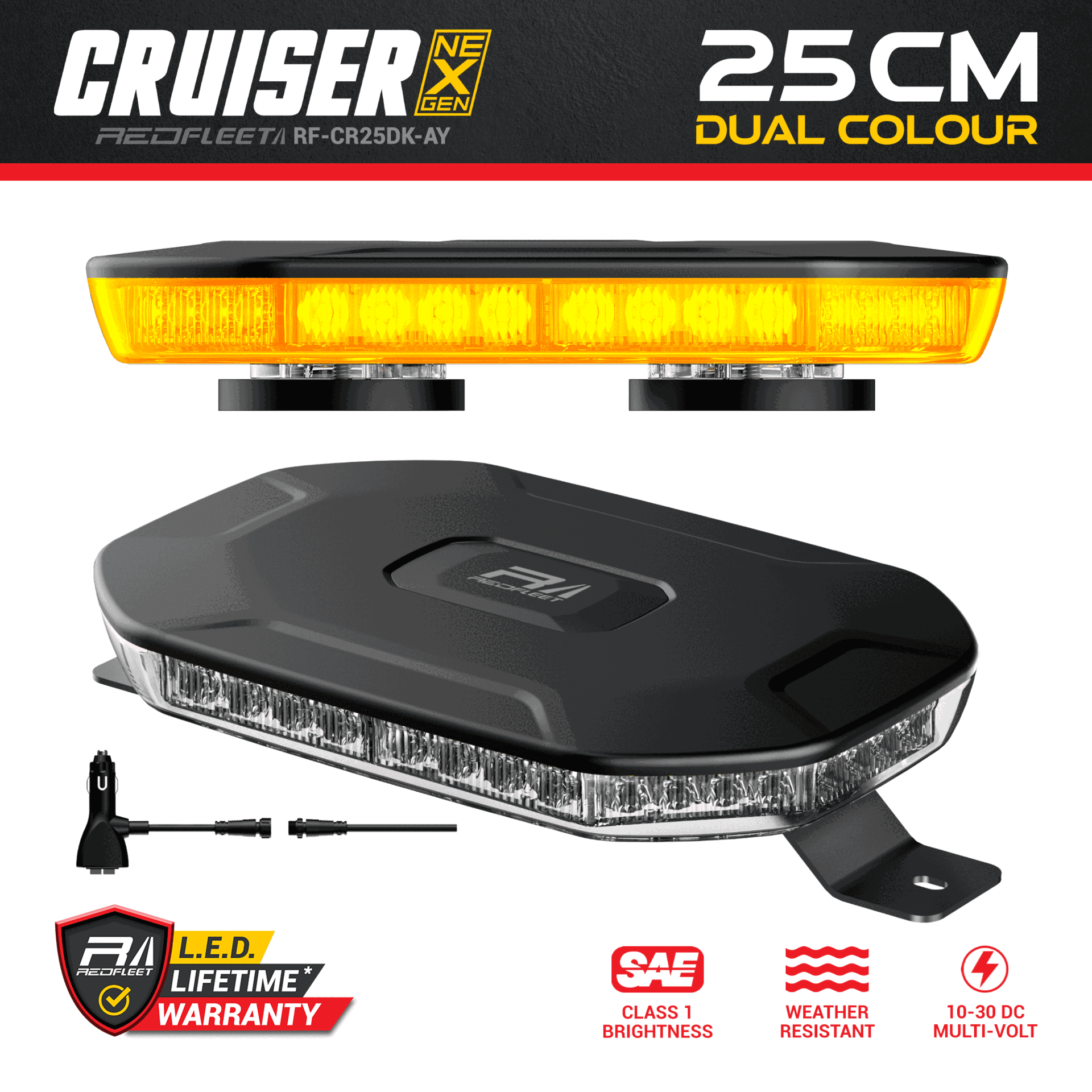 (25CM) AMBER + YELLOW CRUISER NEX-GEN &quot;Dual-Colour&quot; Micro Bar Warning Flashing Safety Light